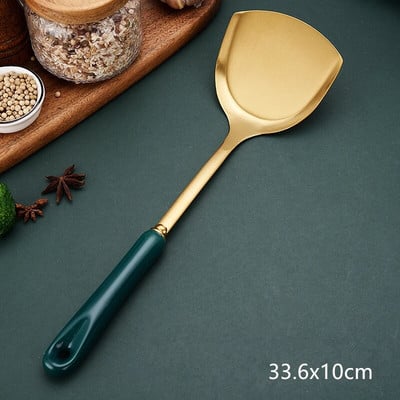 Zöld arany kerámia nyelű spatula leveskanál rozsdamentes acél otthoni főzőeszköz készlet szűrőedény Új kínai konyhai kiegészítők