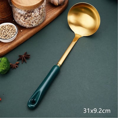 Zöld arany kerámia nyelű spatula leveskanál rozsdamentes acél otthoni főzőeszköz készlet szűrőedény Új kínai konyhai kiegészítők