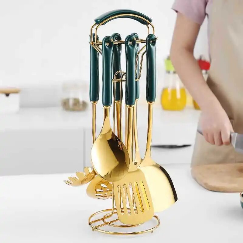 Zöld arany kerámia nyelű spatula leveskanál rozsdamentes acél otthoni főzőeszköz készlet szűrőedény Új kínai konyhai kiegészítők