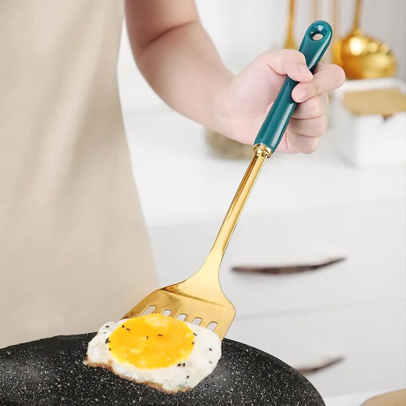 Zöld arany kerámia nyelű spatula leveskanál rozsdamentes acél otthoni főzőeszköz készlet szűrőedény Új kínai konyhai kiegészítők