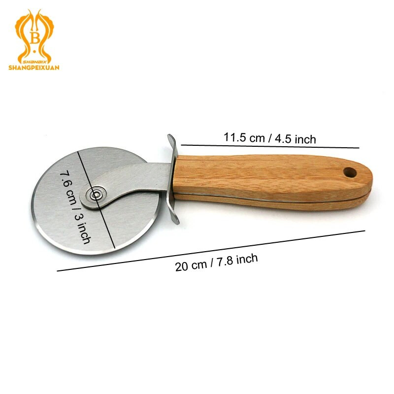 SHANGPEIXUAN Pizza Kerekes vágó Forgó Pizza Szeletelő Rozsdamentes Acél Pizza Kerekes Kés csúszásmentes fa nyéllel