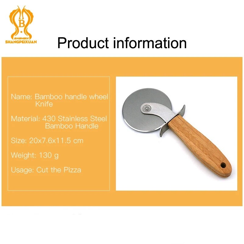 SHANGPEIXUAN Pizza Kerekes vágó Forgó Pizza Szeletelő Rozsdamentes Acél Pizza Kerekes Kés csúszásmentes fa nyéllel