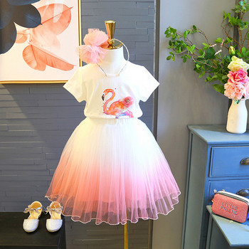 Модерен детски сет за момичета включващ - тениска с апликация фламинго и тюлена пола - два цвята